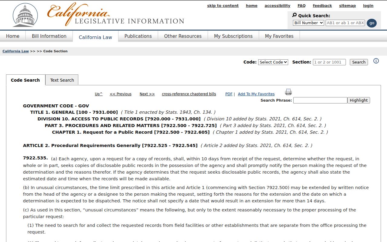 Palmdale public records request timing in the California Government Code