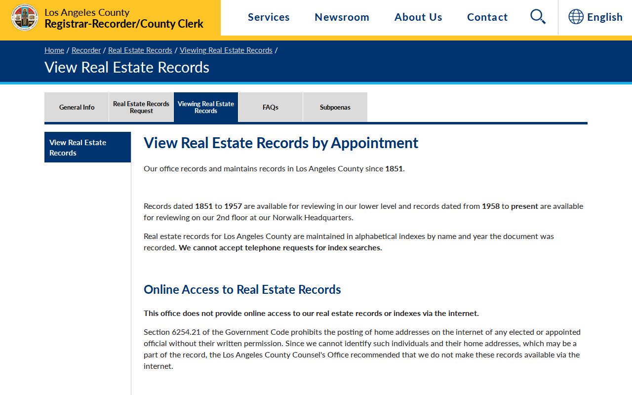Palmdale public records viewing instructions for Los Angeles County real estate files