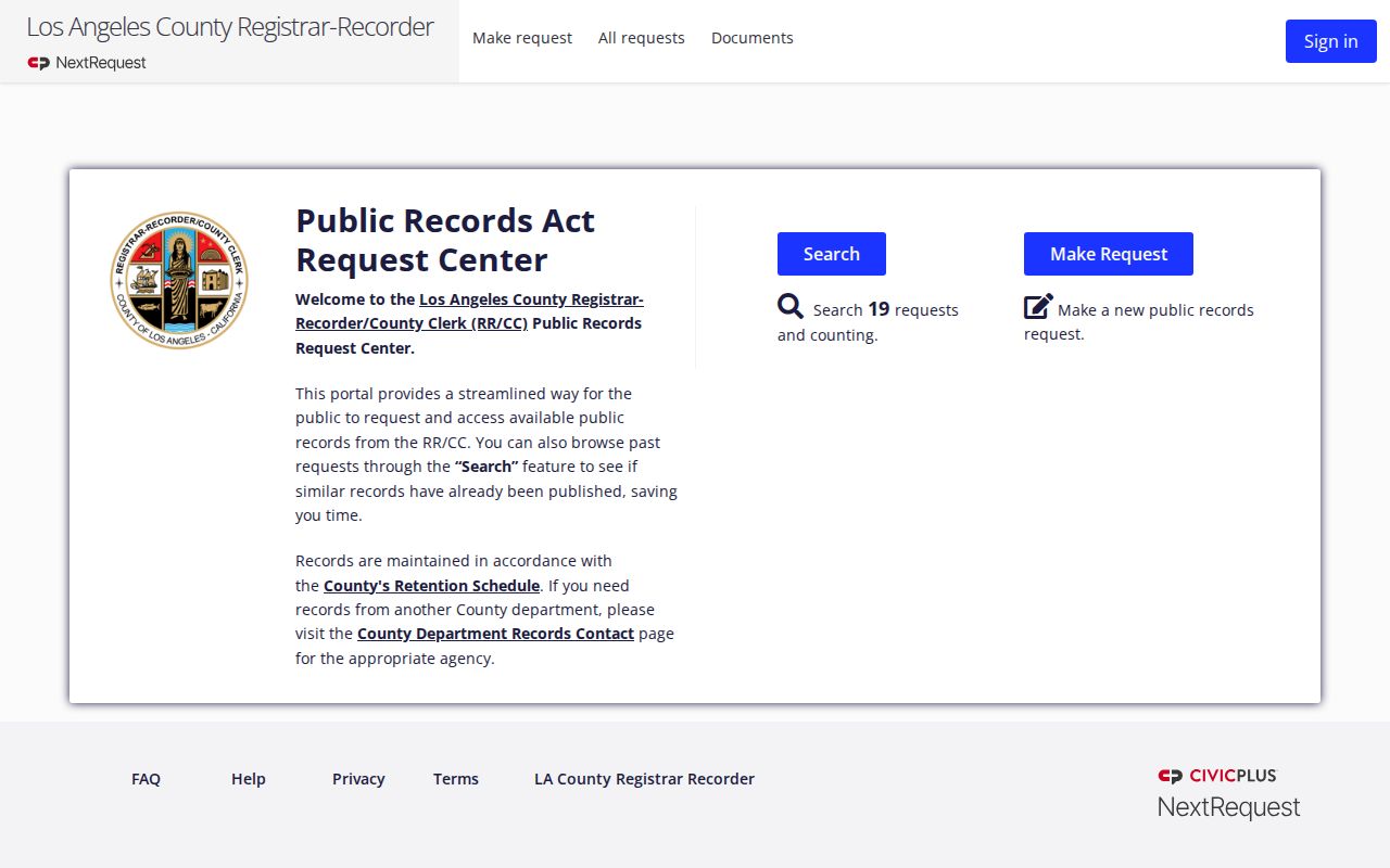 Palmdale public records submission through the RR/CC request center