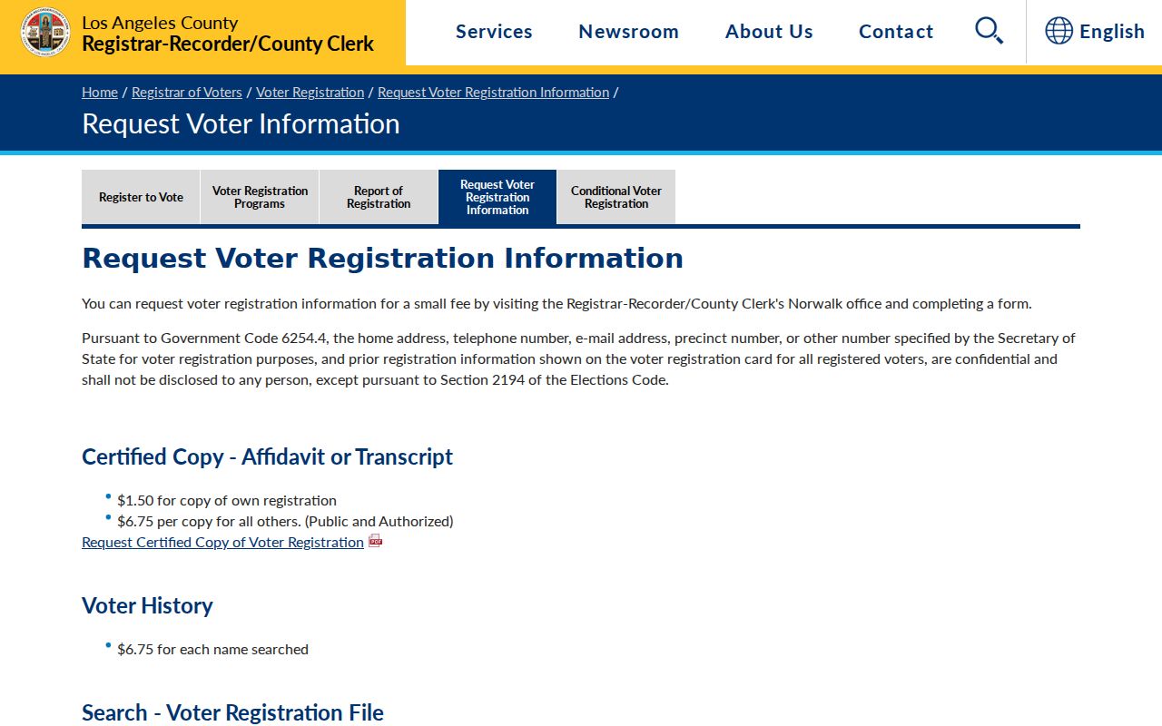 Los Angeles County request page for Palmdale voter registration records
